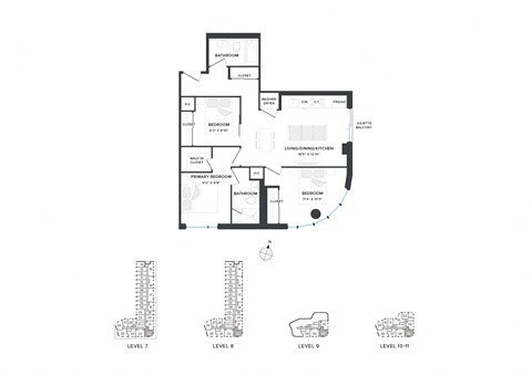 Floor plan for 3 beds, 2 baths, 879 sqft